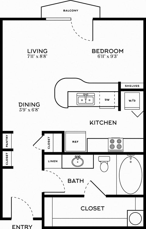 Floor plan for studio, 1 bath, 549 sqft